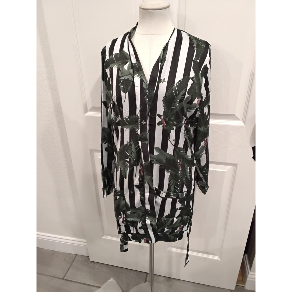 NWT Plush Black White Stripe Tropical Leaf Print Duster Kimono Jacket‎ 4669/4876